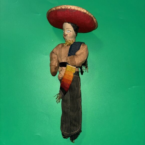 VTG 10" Folk Doll Mexican Sombrero Poncho Serape Fiesta Carnival Cloth Hand Made - Picture 2 of 7